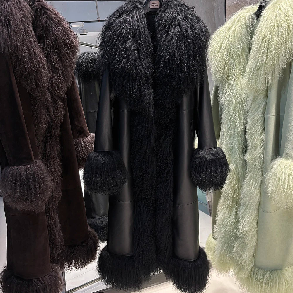 YOLOAgain Mongolia Sheep Fur Collar Real Leather Coat Women Suede Jacket 2025 Winter Outerwear