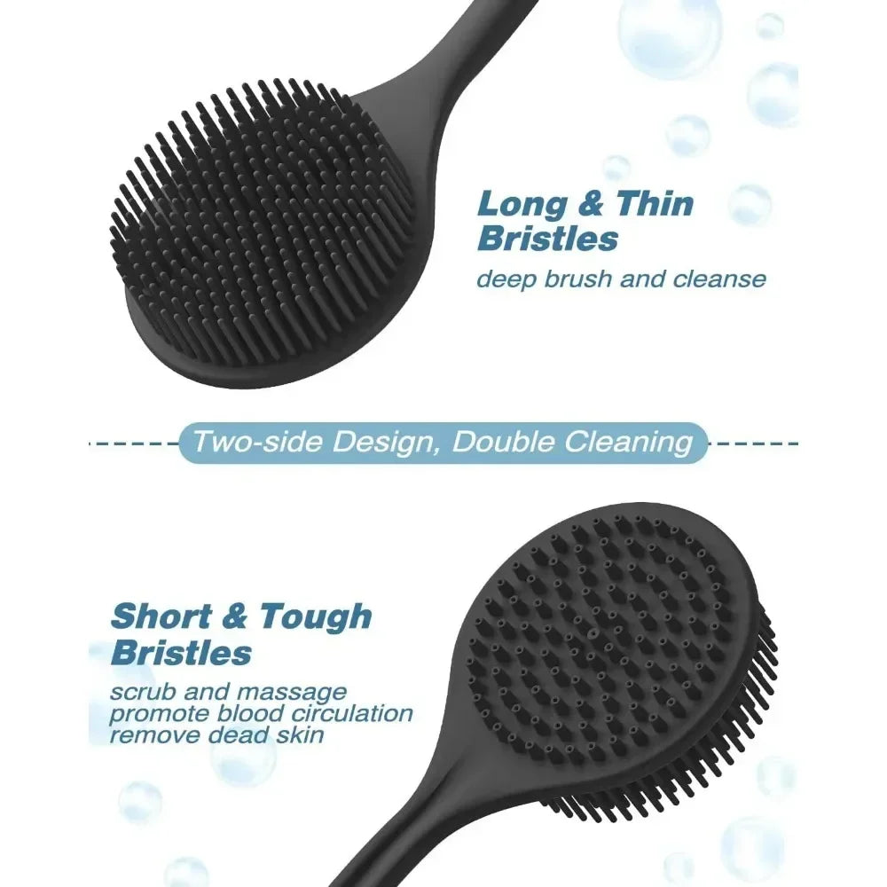 Silicone Body Scrubber Back Brush for Shower Long Handle Body Deep Cleansing and Exfoliating Massage Double-Sided Soft Bristles