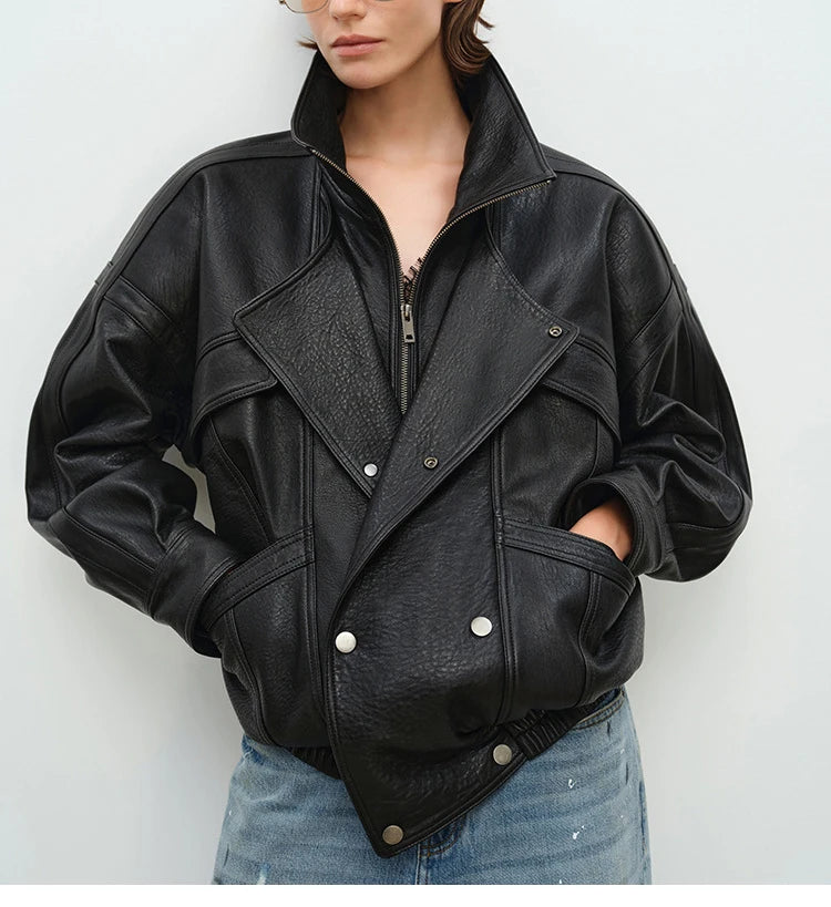 Brown Sheepskin Bubble Skin Coat Female Retro Double Layer Collar Double Breasted Zipper Loose Leather Jacket Winter Outerwear