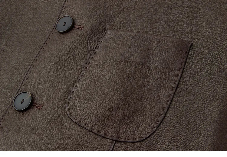 Women's Autumn Clothing European High Quality Sheepskin Casual O-Neck Single-Breasted Coffee Litchi Stria Genuine Leather Jacket