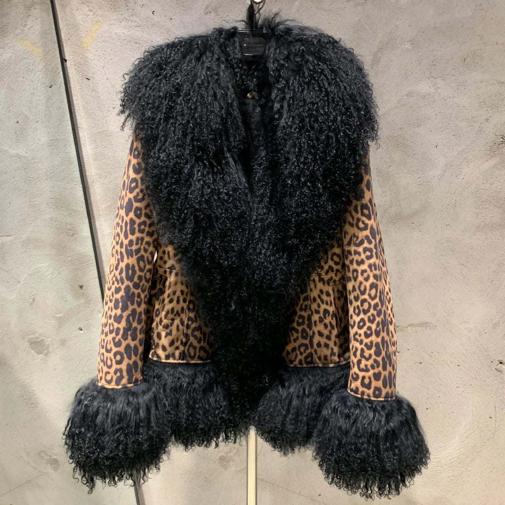 Leopard Print Real Leather Women Coat with Pink Mongolian Fur Luxurious Winter Streetwear for Ladies