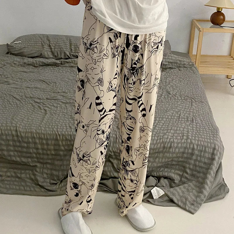 Pajama Pants Woman Cartoon Moe Cat Big Battle Pajama Trousers Female Student Trousers Loose Casual Trousers Lady Sleeping Pants