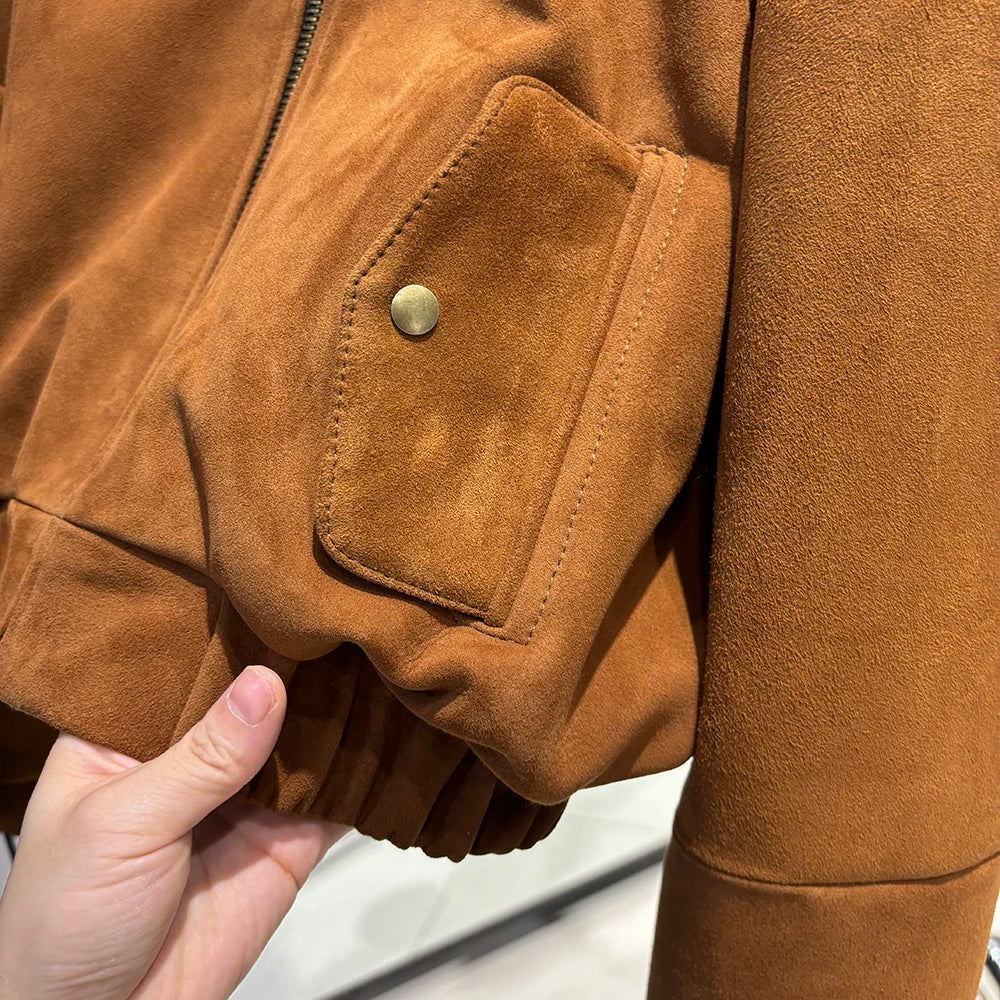 YOLOAgain Suede Leather Jacket Coat Women Real Leather Cropped Jacket Bomber Jacket