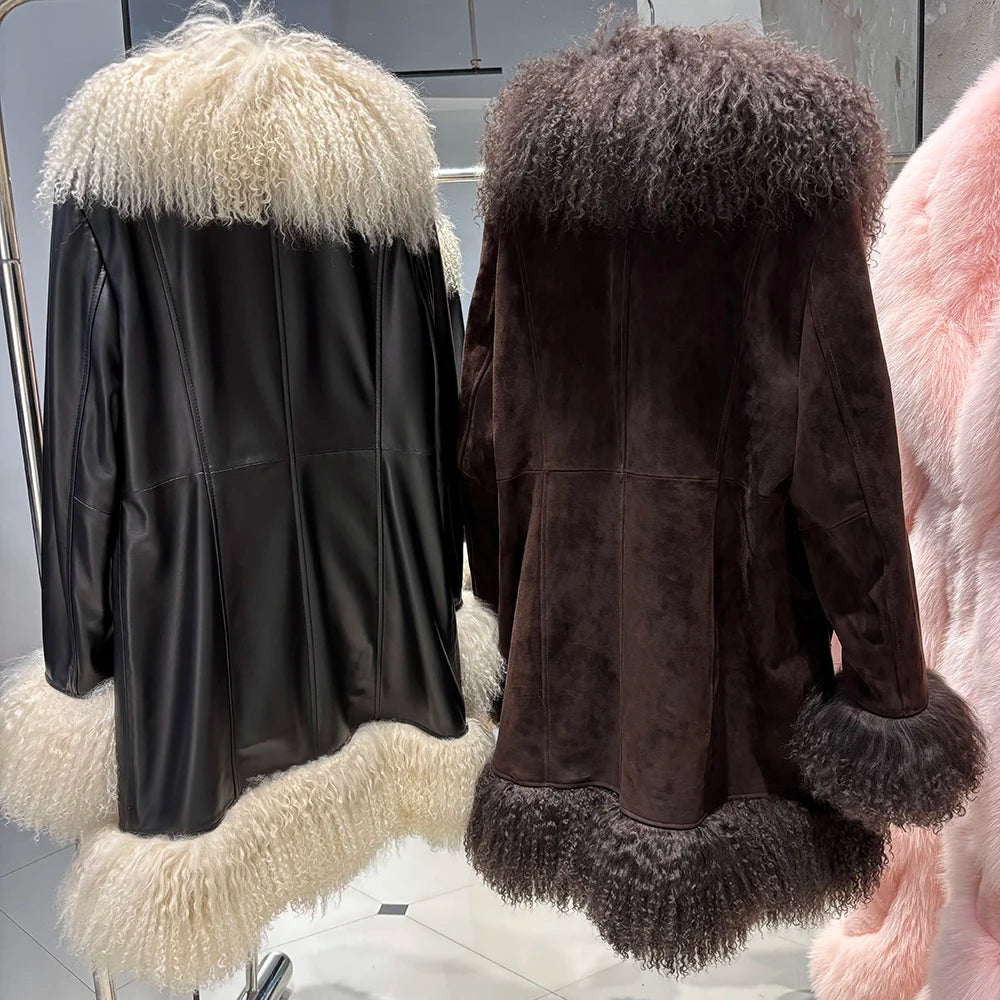 YOLOAgain Mongolia Sheep Fur Jacket Women Real Leather Coat Suede Jacket
