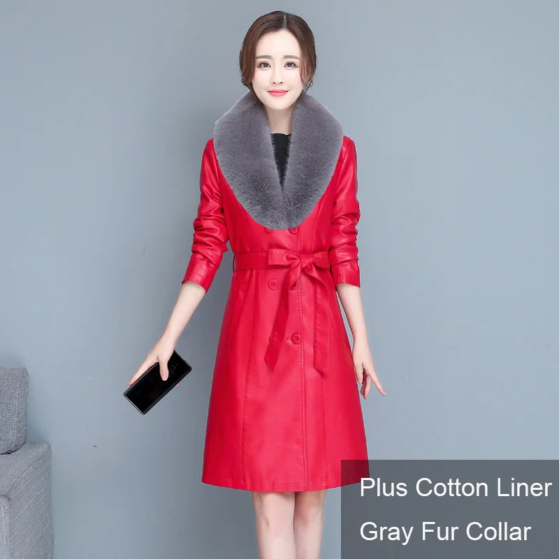 M-7XL Woman Sheepskin OverCoat Spring Autumn Winter 2026 Fashion Fur Collar Warm Thick Slim Long Sheep Leather Coat Female