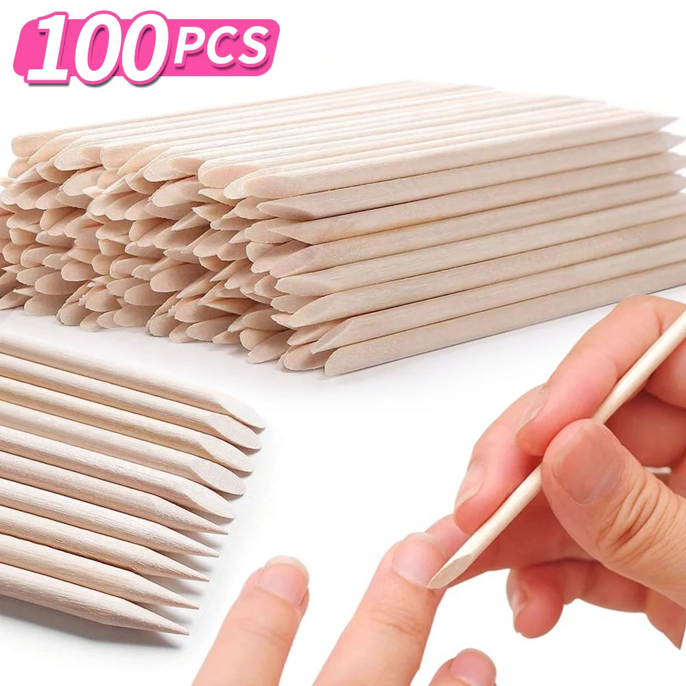100PCS Cuticle Pusher Remover Nail Art Tools Beechwood Stick Sticks Rhinestones Picker Bead Pusher Manicure Pedicure Care