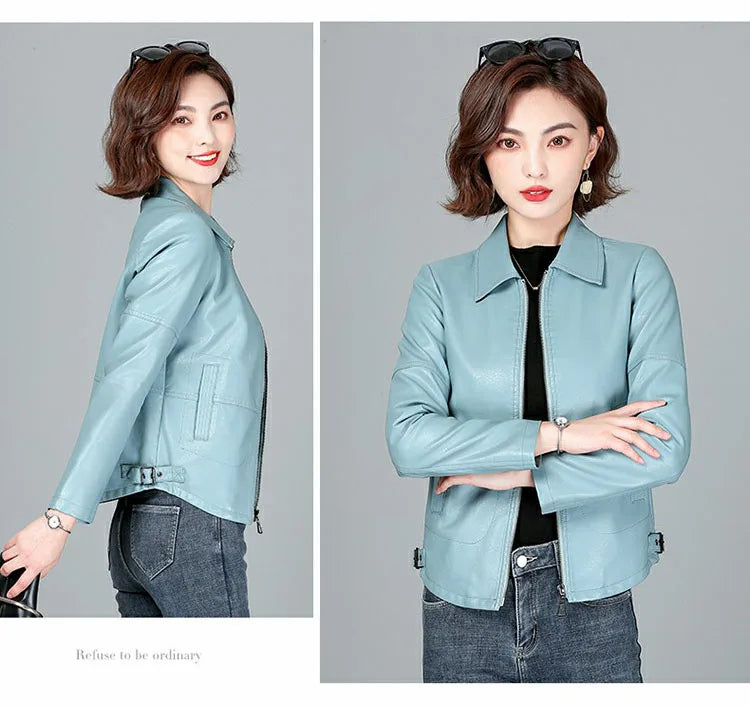 New Women Sheepskin Jacket Spring Autumn 2025 Fashion Casual Long Sleeve Short Zipper Leather Coat Loose Split Leather Outerwear