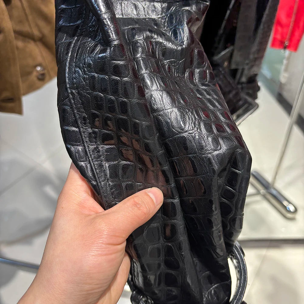 YOLOAgain High Quality Suede Leather Jacket Women With Belt Double Breasted Croc Pattern Jacket Female