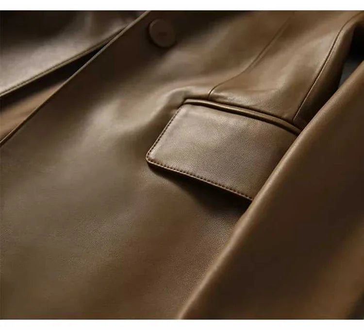 Natural Sheepskin Coat Blazer Mujer Single Button Suit Collar Chic and Elegant Woman Jacket Slim Camel Real Leather Topscoat