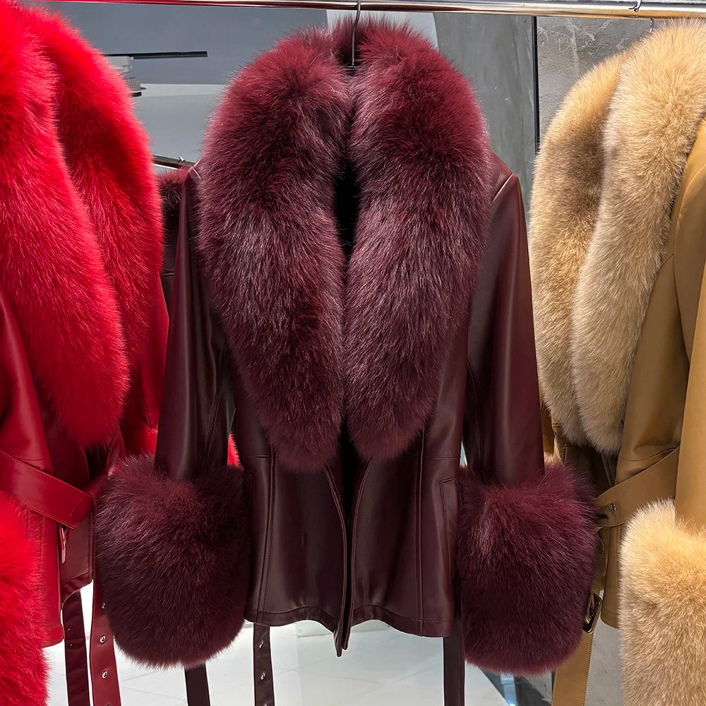 YOLOAgain Women's Real Fox Fur Collar Sheepskin Leather Jacket Coat Autumn 2025