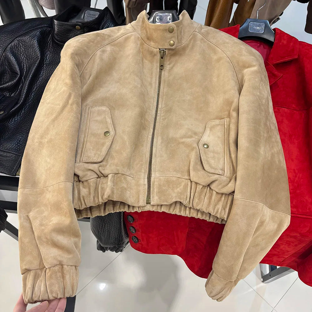YOLOAgain Suede Leather Jacket Coat Women Real Leather Cropped Jacket Bomber Jacket