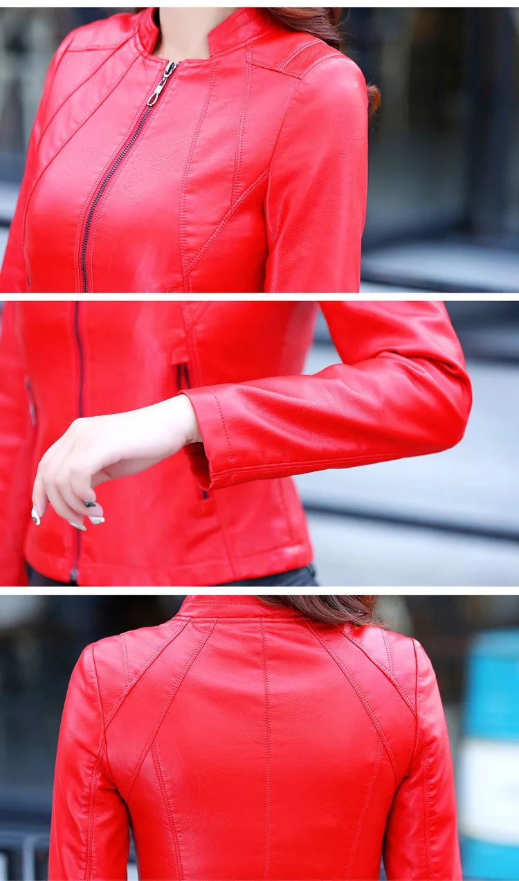 New Women Spring Autumn Leather Jacket Fashion Small Stand Collar Long Sleeve Slim Sheepskin Jacket Split Leather Short Coat