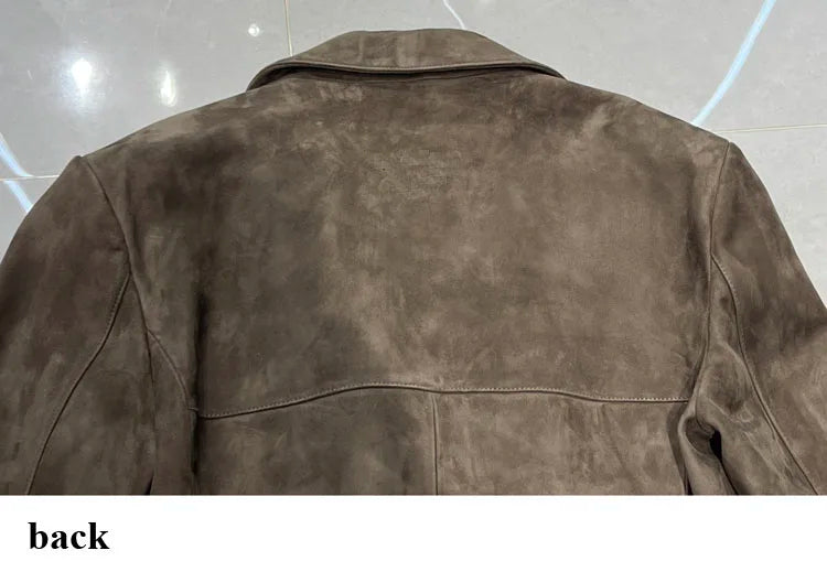 High Quality Suede Leather Suit Jacket Woman Kid Suede Flip Collar Wide Shoulder Split Vintage Ropa Mujer Dark Blue Blazer Coat