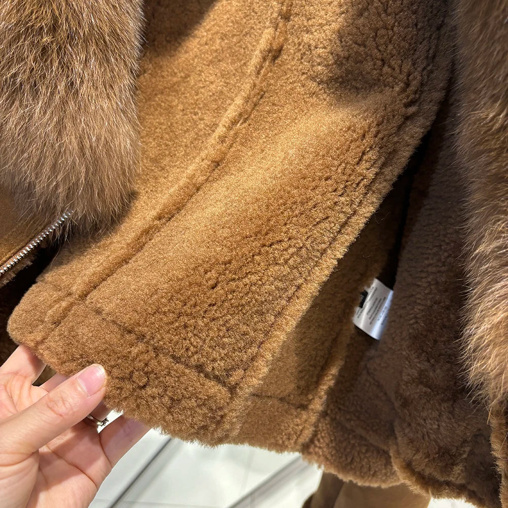 YOLOAgain Burgundy Shearling Jacket With Hood Women 2025 Winter Real Leather Jacket Coat