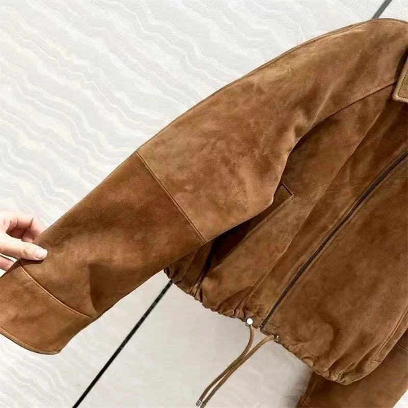 Suede Leather Flower Bud Jacket for Women Trendy Kid Suede Drawstring Silhouette Short Coat Streetwear Chill Casaco Feminino