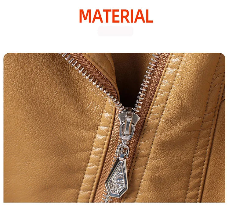 New Women Spring Autumn Leather Jacket Fashion Suit Collar Long Sleeve Motorcycle Jacket Casual Short Biker Coat Split Leather