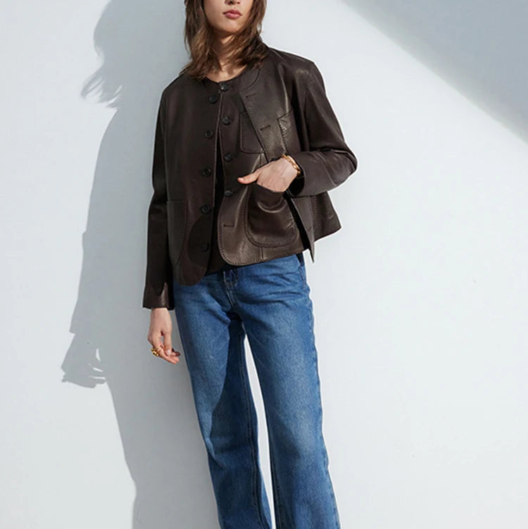 Women's Autumn Clothing European High Quality Sheepskin Casual O-Neck Single-Breasted Coffee Litchi Stria Genuine Leather Jacket