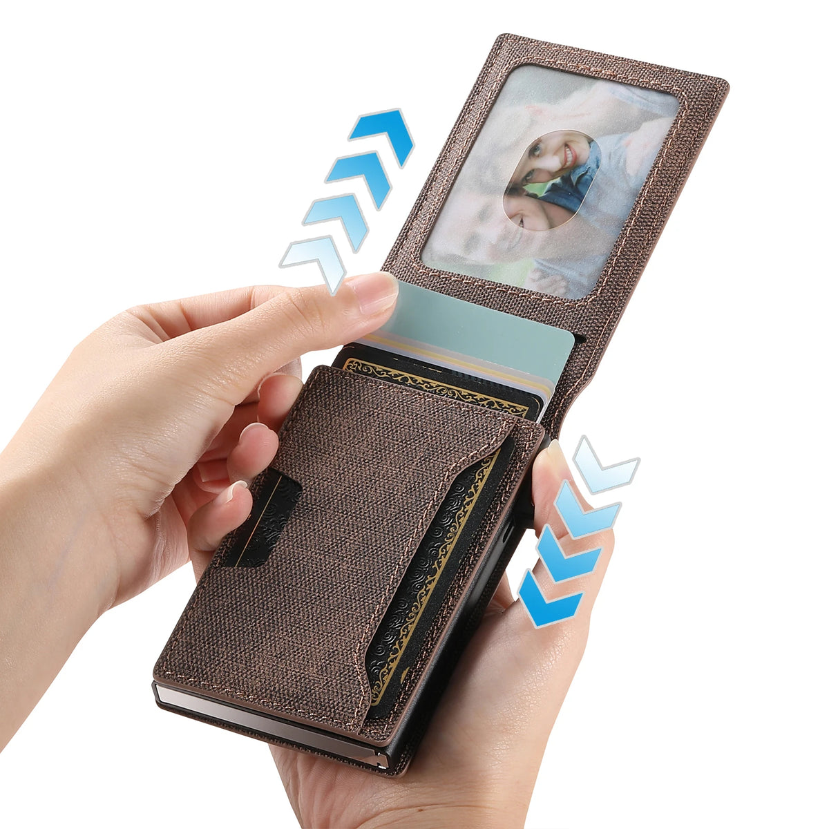 Push-out Card High Quality Faux Leather Card Holder Wallet Holder Large Capacity Can Hold 1-12 Cards 1 Photo Black/Brown/Blue