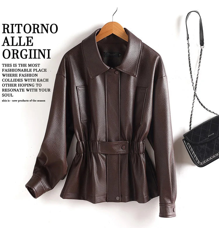 New Women Split Leather Jacket Spring Autumn Fashion Turn-down Collar Stretch Adjustable Waist Short Coat Casual Leather Jacket