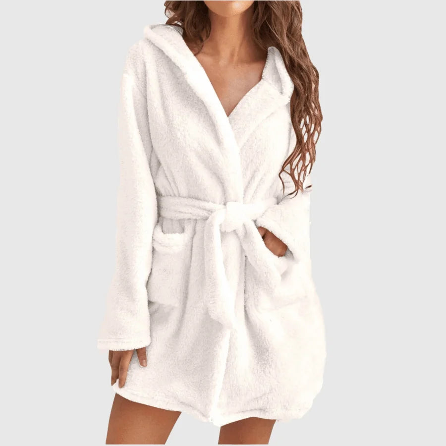 1 piece of women's solid color hooded robe with belt, cozy and warm fleece pajamas for home wear in autumn and winter.