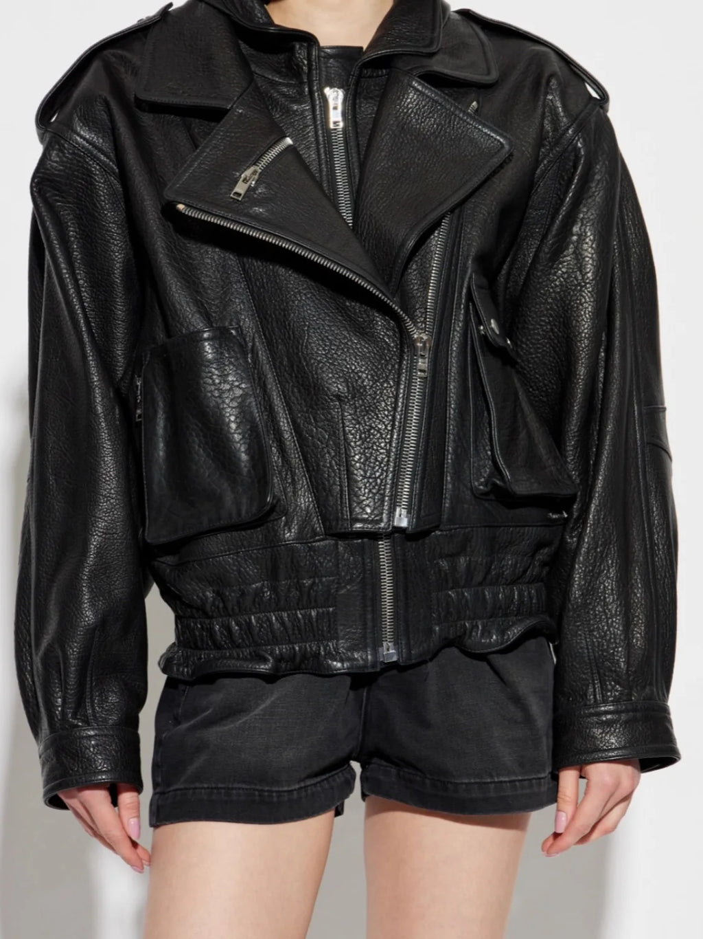 Leather Coat Autumn Winter Women Vintage Fashion Double Collar Lychee Pattern Sheepskin Bubble Leather Zipper Motorcycle Jacket