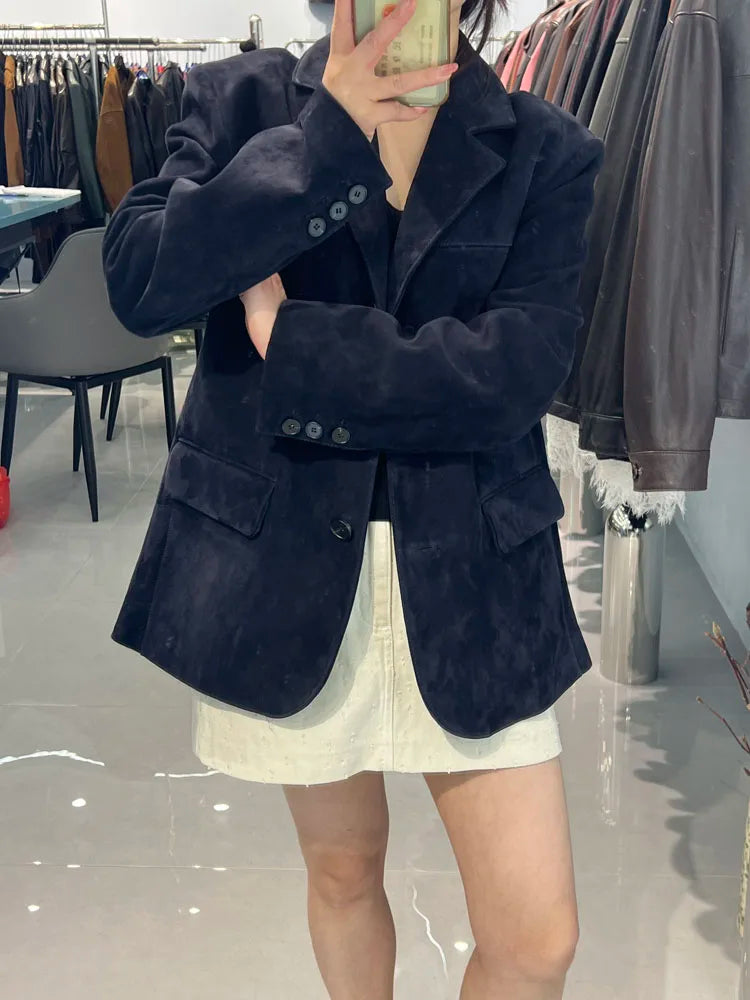 High Quality Suede Leather Suit Jacket Woman Kid Suede Flip Collar Wide Shoulder Split Vintage Ropa Mujer Dark Blue Blazer Coat