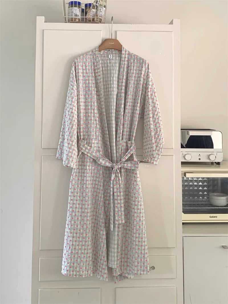 CHUANGERM Women Sweet Plaid Long Sleeve V‑Neck Lace Up Loose Medium‑Long Robe Comfortable Sexy Home Wear Loungewear