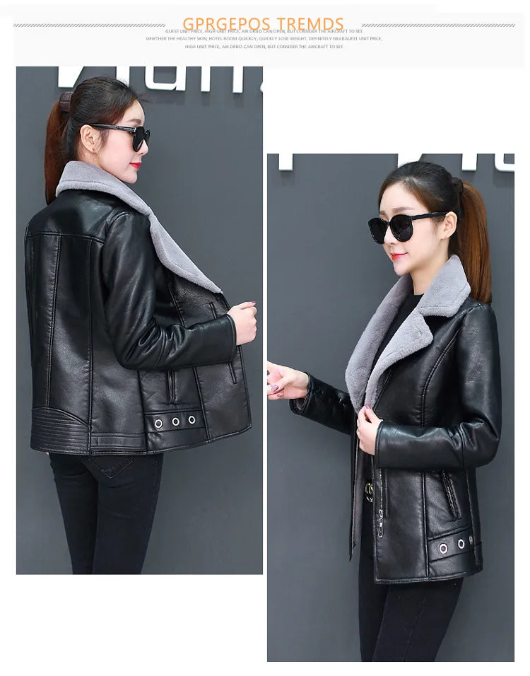 Women's Biker Style Thickened Short Leather Jacket Autumn Winter Street Fashion PU Material Versatile Outerwear Coat