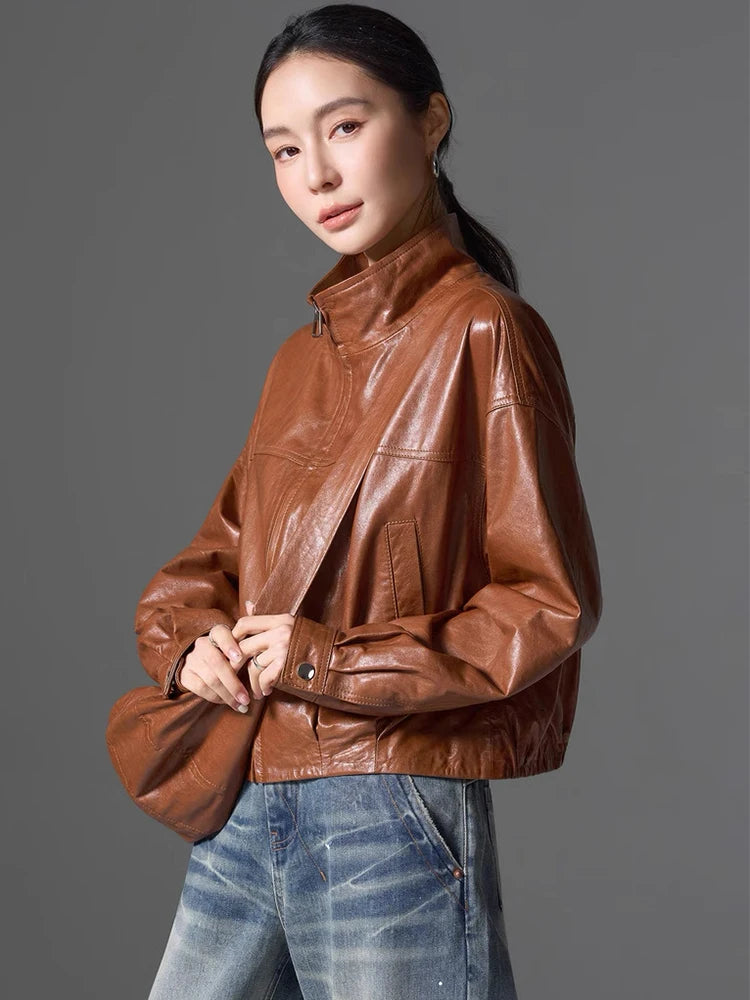 Women Spring Black Genuine Sheepskin Leather Short Jacket Coat Autumn Real Leather Jacket