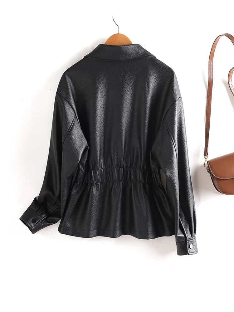 New Women Split Leather Jacket Spring Autumn Fashion Turn-down Collar Stretch Adjustable Waist Short Coat Casual Leather Jacket
