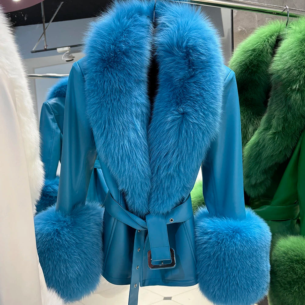 YOLOAgain Women's Real Fox Fur Collar Sheepskin Leather Jacket Coat Autumn 2025