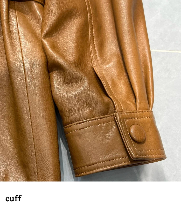Winter Genuine Leather Outwears For Women High Quality Female Large Pocket Epaulet Belt Mid Long Jacket Female Warm Windbreaker