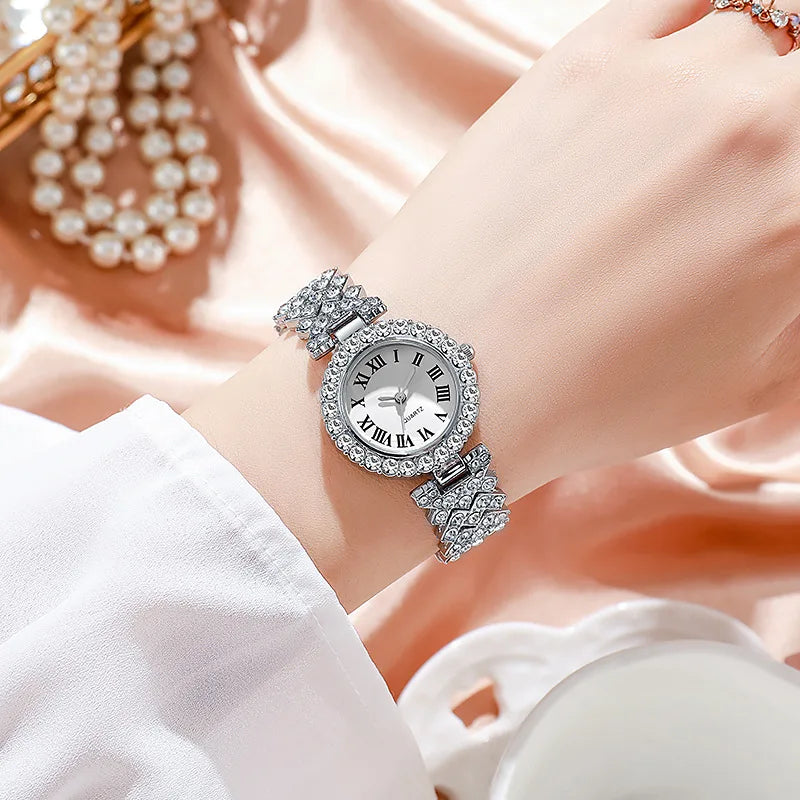 5PCS Elegant Rhinestone Women Quartz Watch Jewelry Set Fashion Ladies Bracelet Strap Wristwatches Reloj Mujer（Without Box）