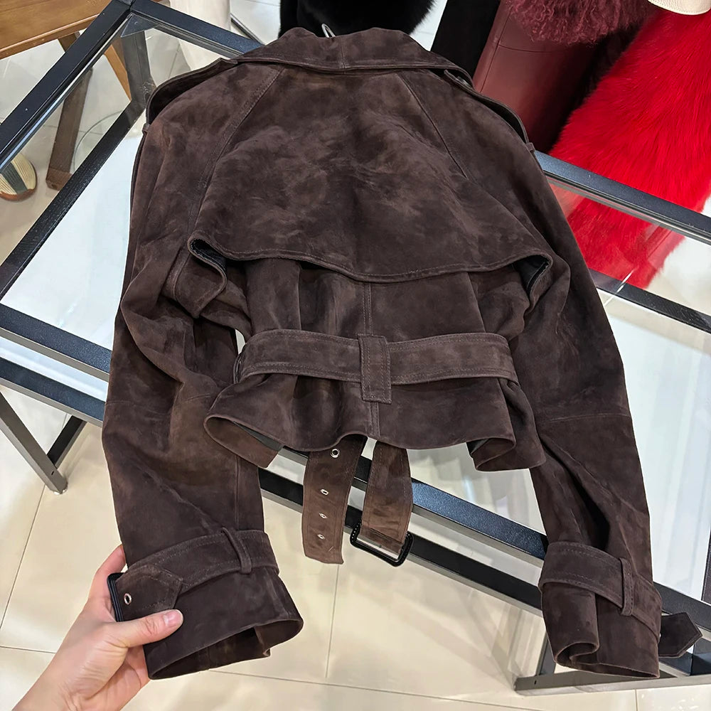 YOLOAgain Funnel Neck Real Leather Jacket Women Double Breasted Suede Jacket With Belt Streetwear