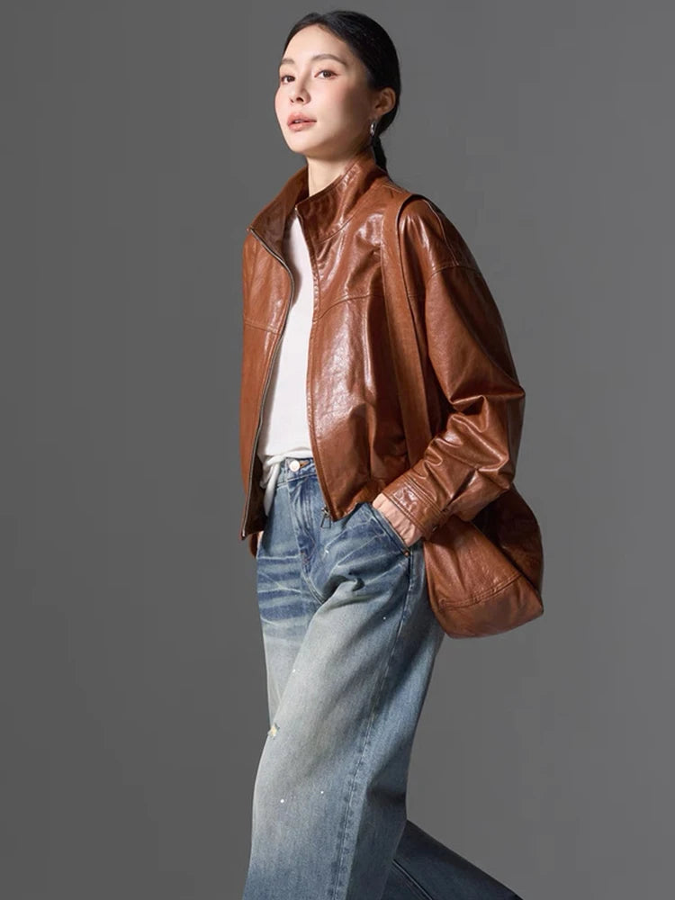 Women Spring Black Genuine Sheepskin Leather Short Jacket Coat Autumn Real Leather Jacket