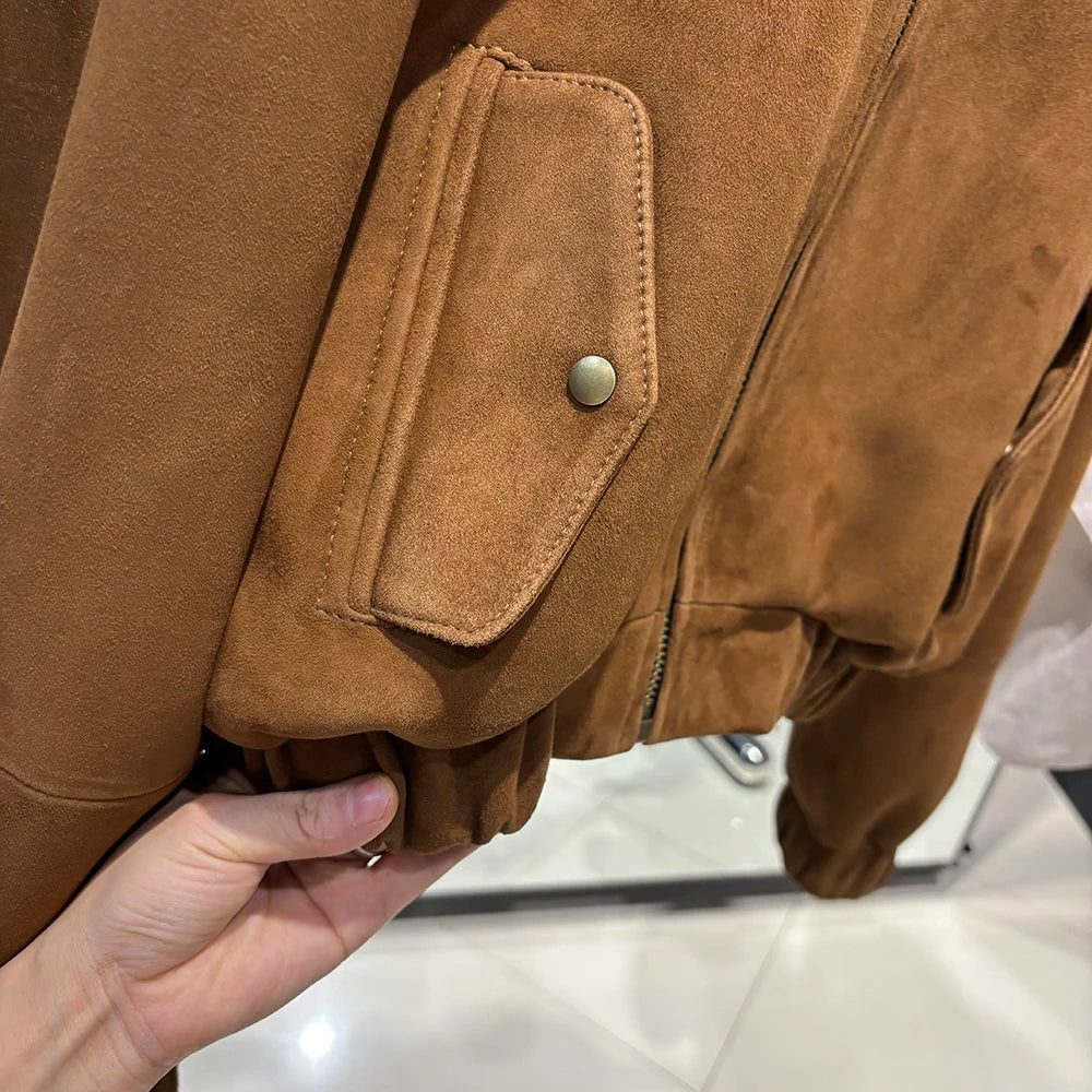 YOLOAgain Suede Leather Jacket Coat Women Real Leather Cropped Jacket Bomber Jacket