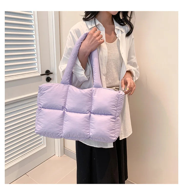 Quilted Plaid Bag Women Tote Handbags Retro Trendy Checkered Waterproof Shoulder Bag Solid Color Winter Soft Large Capacity Bags