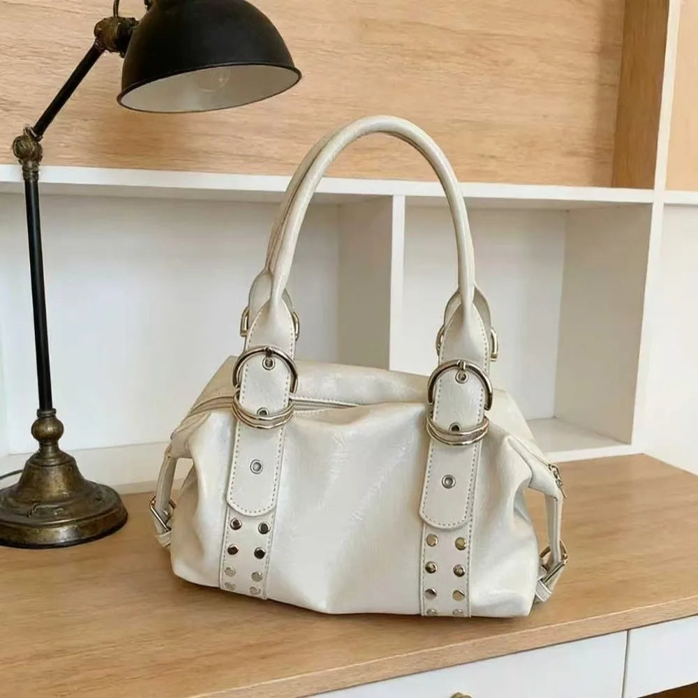 New PU Leather Women Shoulder Bag Large Capacity Y2K Motorcycle Bag High Quality Fashion Rivet Handbag Daily Use