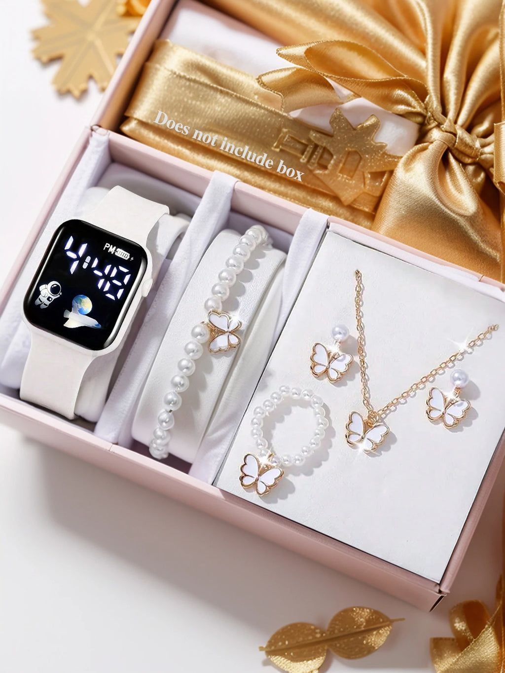 Square Electronic Watch Set with Beaded Butterfly Design and Spaceship Pattern Non-smartwatch Birthday Gift Without Box