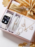 Square Electronic Watch Set with Beaded Butterfly Design and Spaceship Pattern Non-smartwatch Birthday Gift Without Box
