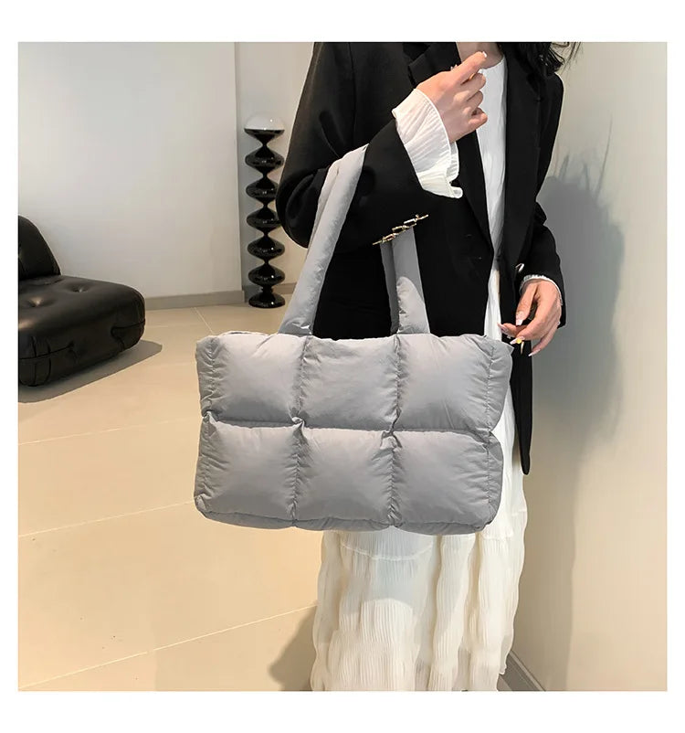 Quilted Plaid Bag Women Tote Handbags Retro Trendy Checkered Waterproof Shoulder Bag Solid Color Winter Soft Large Capacity Bags