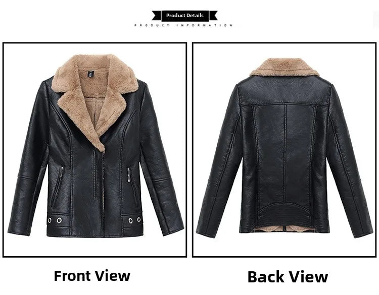 Women's Biker Style Thickened Short Leather Jacket Autumn Winter Street Fashion PU Material Versatile Outerwear Coat