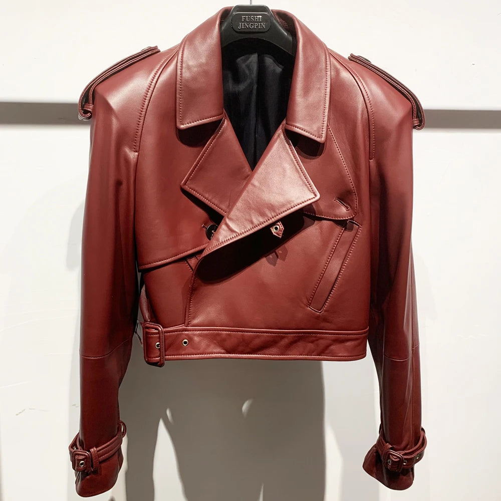 Female Leather Jacket Women Winter Genuine Sheep Leather Coat Wide Shoulder Paddad 23012