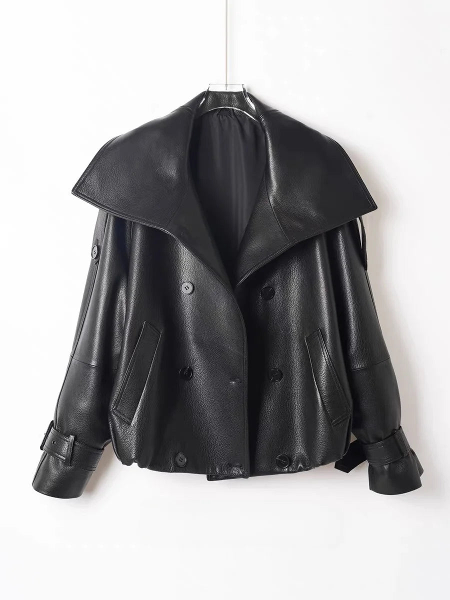 Fashion Real Leather Jacket for Women Modern Genuine Sheepskin Stand Up Collar Short Silhouette Coat Winter Tops Lapel