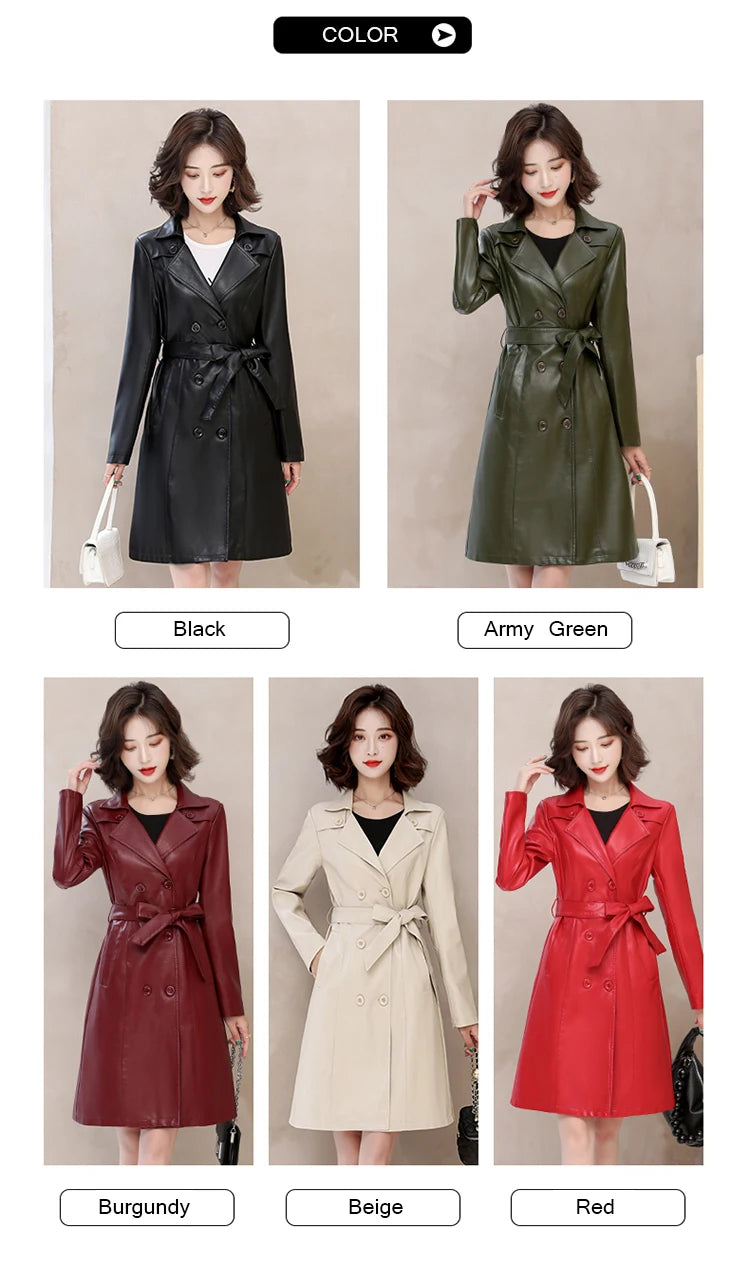 2026 Spring Autumn Sheep Leather Long Trench Coat Women Double Breasted Slim Trench Coat Female Outwear Fashion Windbreaker