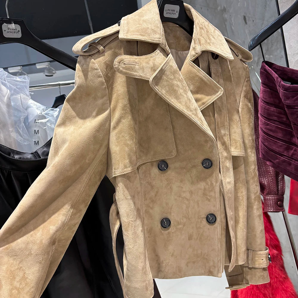 YOLOAgain High Quality Suede Leather Jacket Women With Belt Double Breasted Croc Pattern Jacket Female