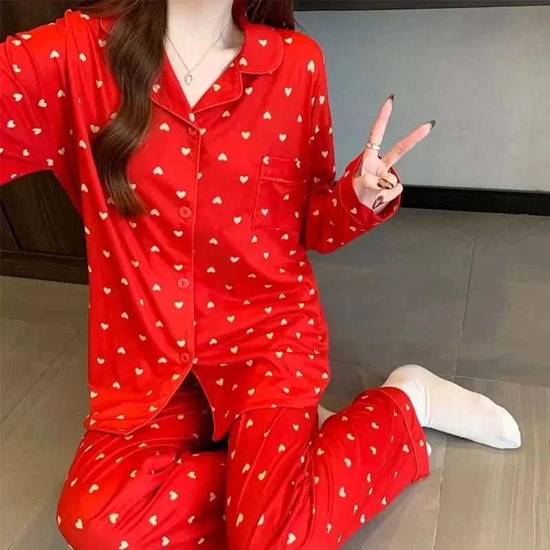 Spring and autumn new ladies' Korean pajamas home wear set for girls and students long-sleeved pajamas