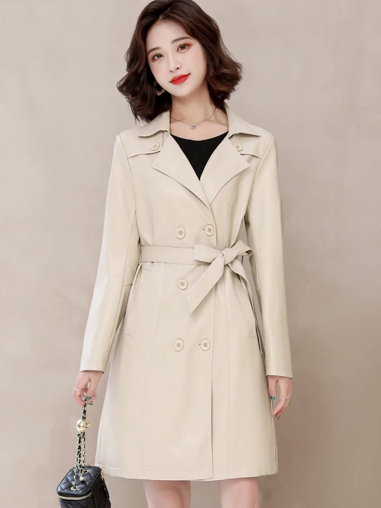 2026 Spring Autumn Sheep Leather Long Trench Coat Women Double Breasted Slim Trench Coat Female Outwear Fashion Windbreaker