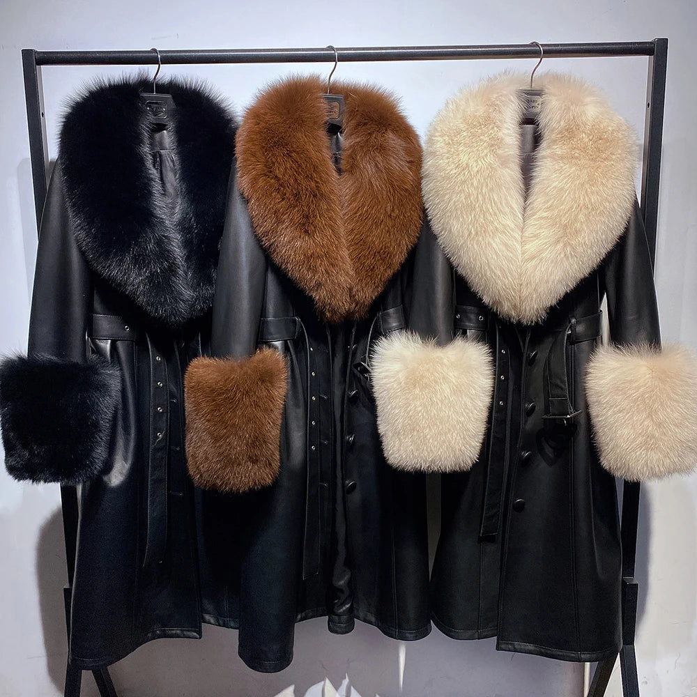 YOLOAgain Women's Detachable Fox Fur Collar Real Leather Jacket Long Navy Blue Jacket