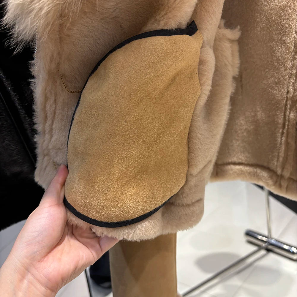 YOLOAgain Burgundy Shearling Jacket With Hood Women 2025 Winter Real Leather Jacket Coat
